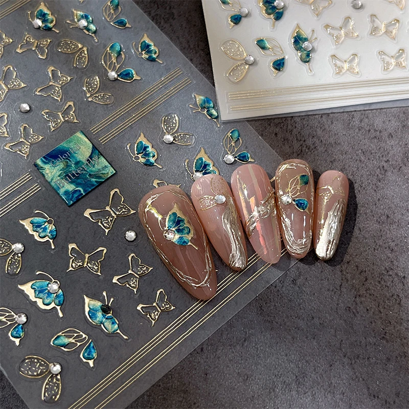 5D Relief Glitter Gold Laser Butterfly Translucent Blue Green Jelly Jade Wings Adhesive Nail Art Stickers Decals Manicure Charms