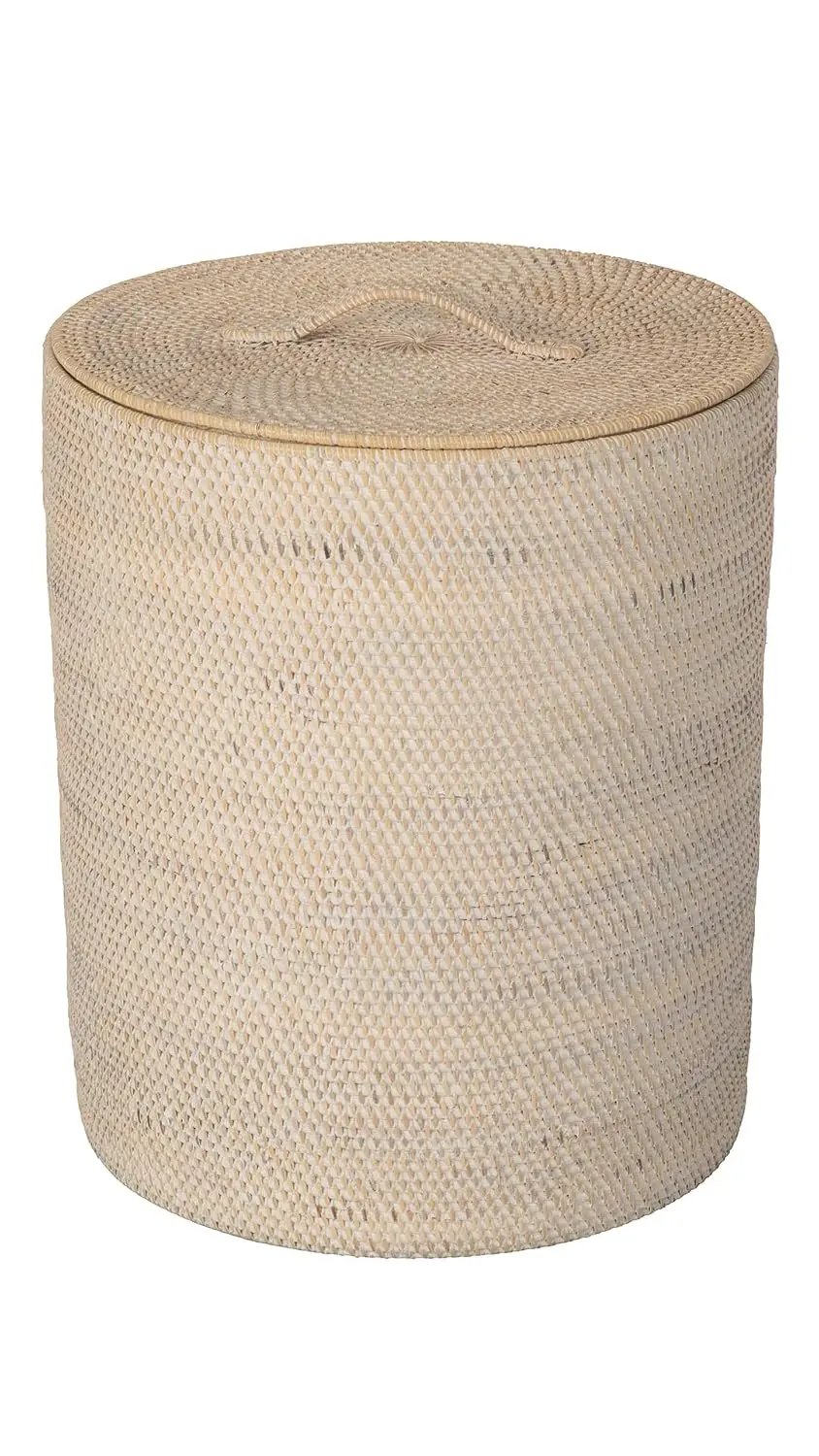 Loma Round Rattan Laundry Hamper with Lid and Liner, White Wash