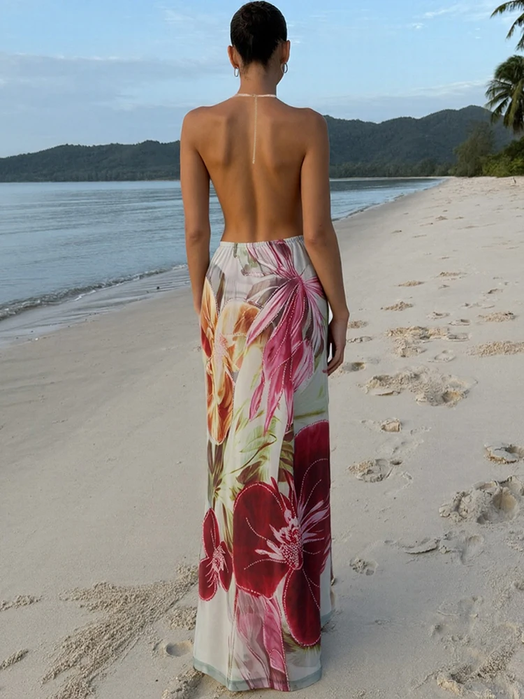 Estranho gato grânulo corrente halter vestido y2k floral impressão elegante sexy gola balanço sem costas aniversário meia-noite festa divisão maxi bodyco