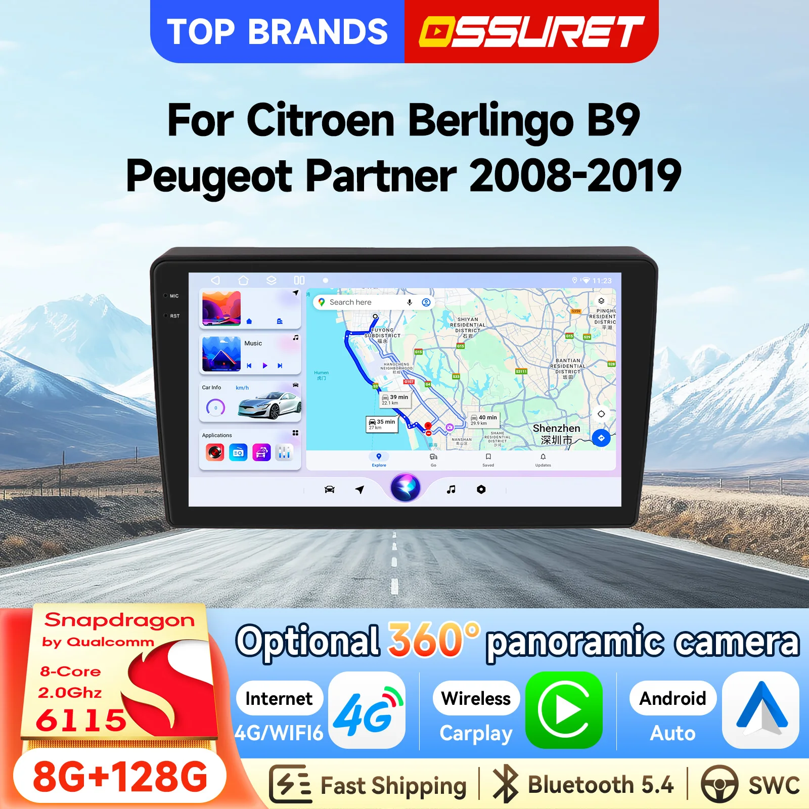 Autoradio 2 Din 9'' Android 15 con navigazione GPS per Citroen Berlingo B9/Peugeot Partner 2008-2019, unità principale con Snapdragon 6115, CarPlay wireless, Android Auto, SWC, DSP, audio, radio, 4G,