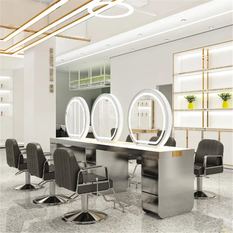 New Style Net Celebrity Hair Salon Luminous Marble Desktop Integrated Hairdressing Mirror Table With Lamp