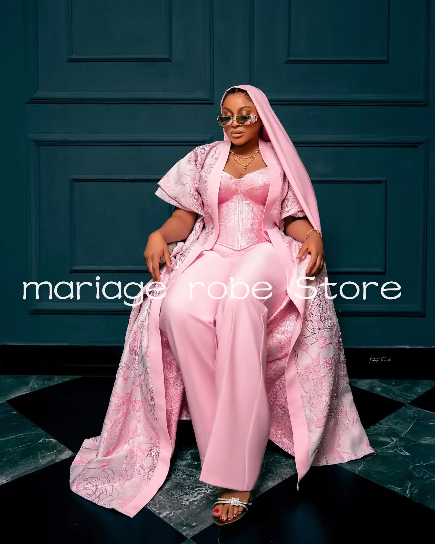 Pink jumpsuit Wedding dresses Set 3 Pieces Top Long Shawl Customized Appliqued Lace Formal aso ebi bridal gown garment suit