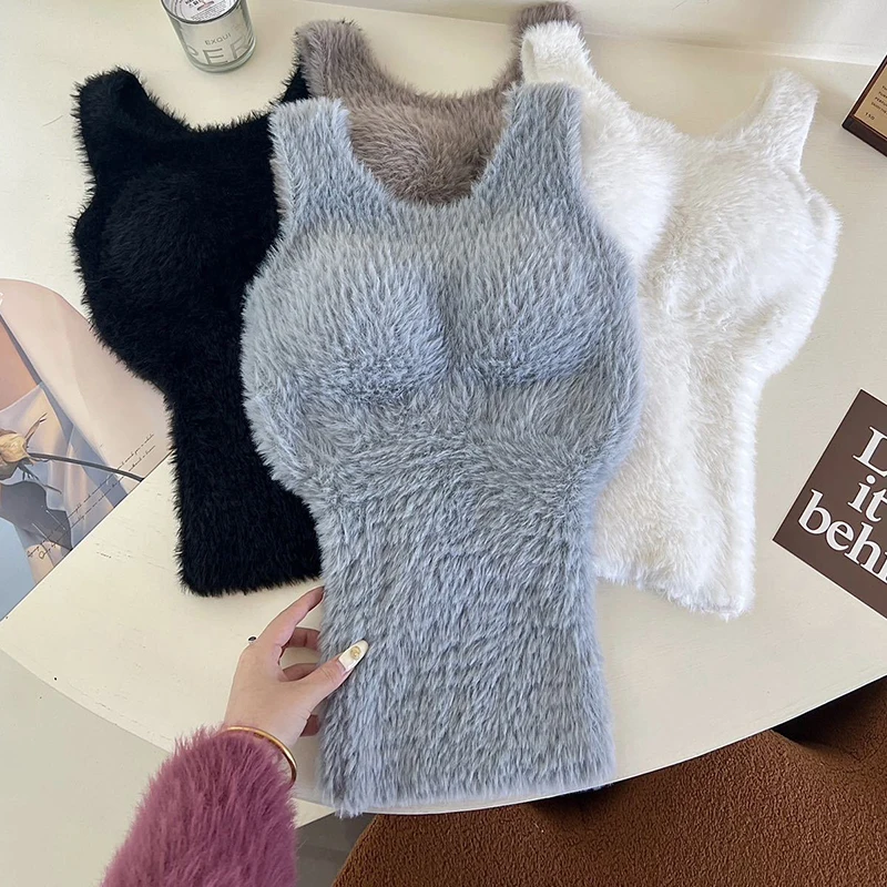 Ins Trend, осенне-зимние плюшевые теплые шерстяные майки с накладкой на грудь, термобелье из искусственного кашемира для девочек, утепленная майка