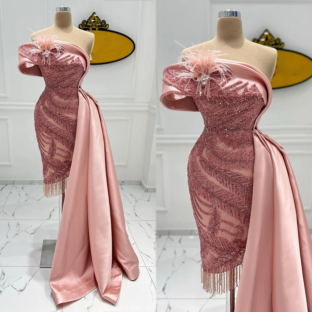 

Pink SexyProm Dresses Sleeveless Bateau 3D Lace Satin Appliques Sequins Train Thigh Length Evening Dresses Plus Size Custom Made