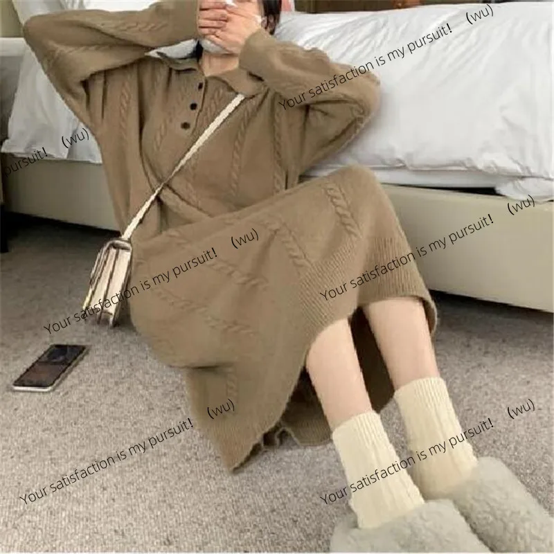 

Длинное трикотажное платье с ленивыми лацканами, осенний дизайн, однотонный свитер