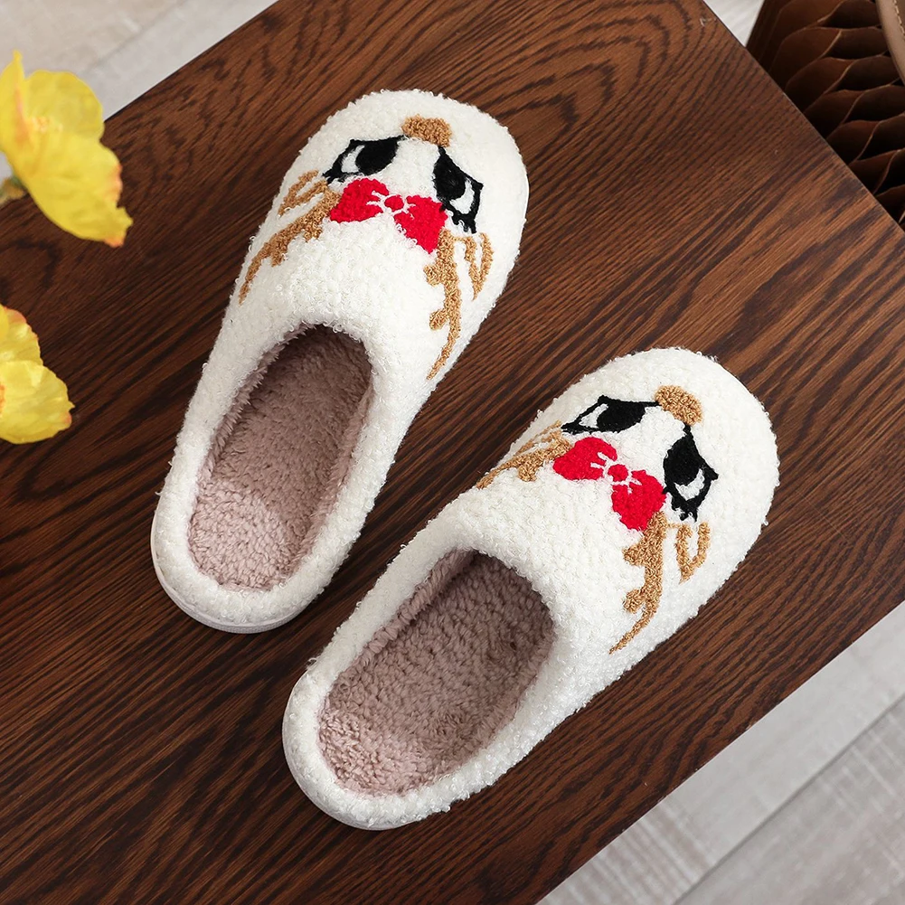 

Reindeer Fuzzy Indoor Slippers Cartoon Plush Closed Toe Slippers Cute Plush Slip-on House Shoes with Red Bow for Winter Indoor