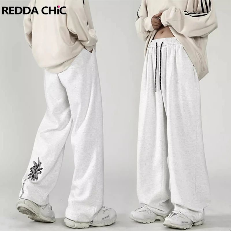 

REDDACHIC Coconut Tree Embroidered Sweatpants Men Hip Hop Drawstring Trousers Elastic Waist Wide Leg Pants Loose Casual Slacks