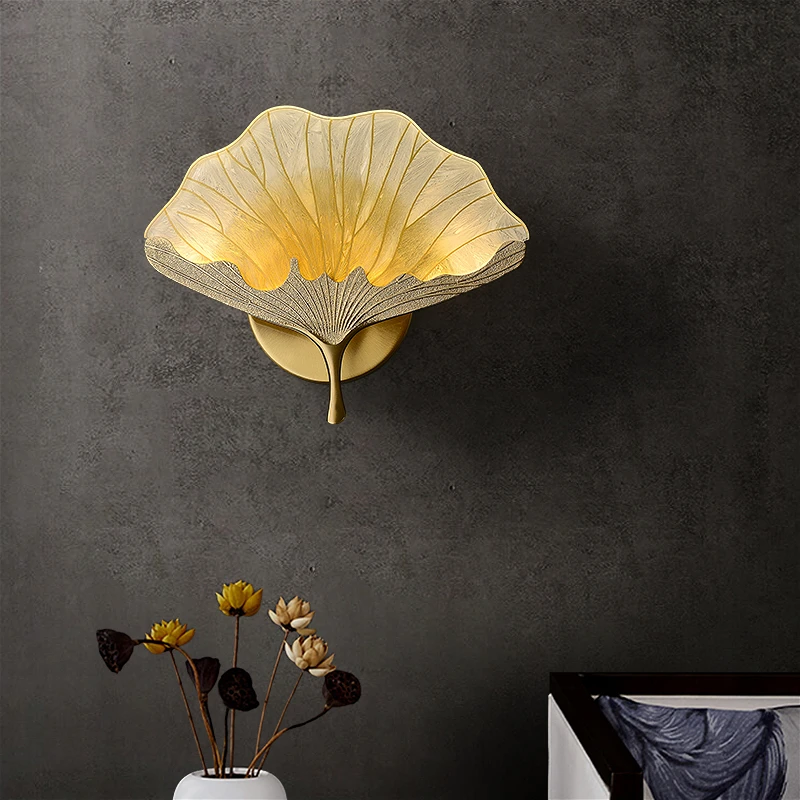 New Chinese gingko leaf enamel Chinese wind suction chandelier Tea room Zen bedroom living room bedside lamp Creative wall lamp