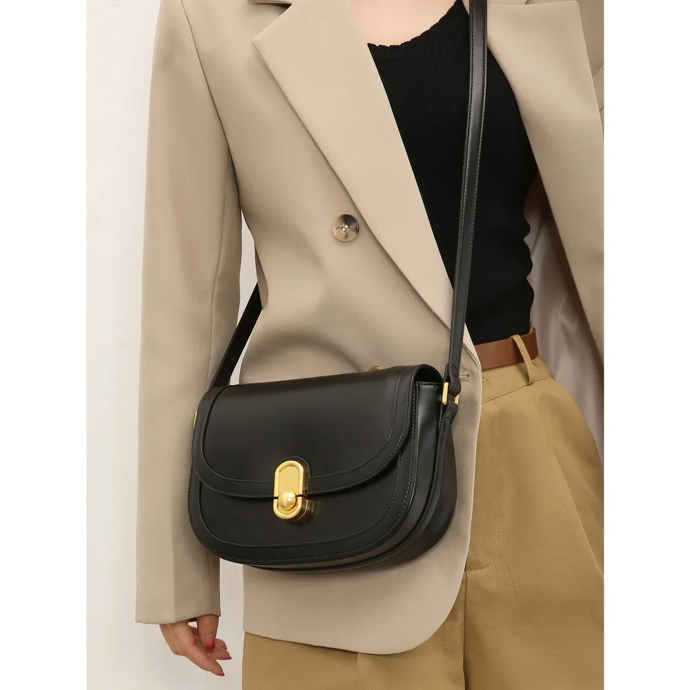 ZR DIARY Soft Leather Vintage Saddle Bag Women Metal Buckle Versatile Underarm Bag Casual Crossbody Ladies Bag L200