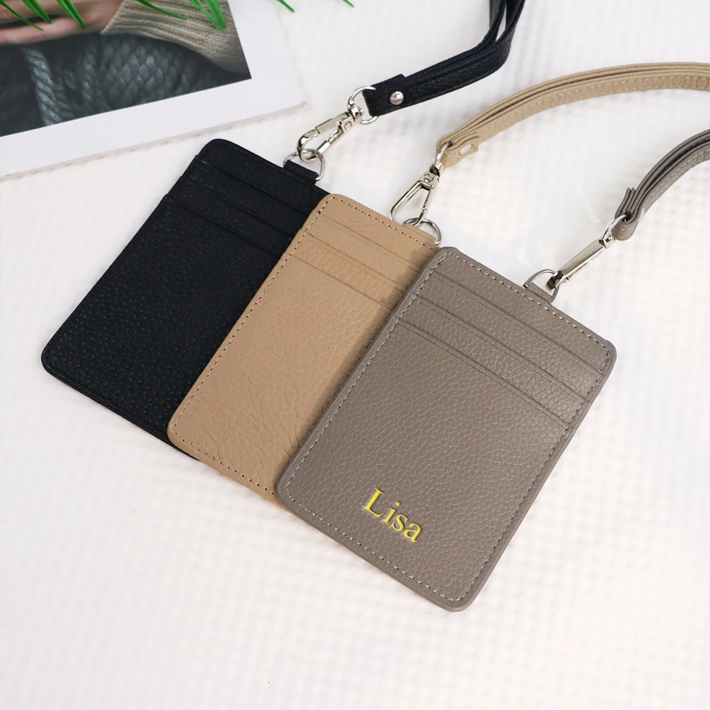 اسم مخصص حامل بطاقة العمل الجلدية متعددة الوظائف، الحبل للرجال والنساء، بطاقة الائتمان، بطاقة الهوية، حامل بطاقة المحفظة #4