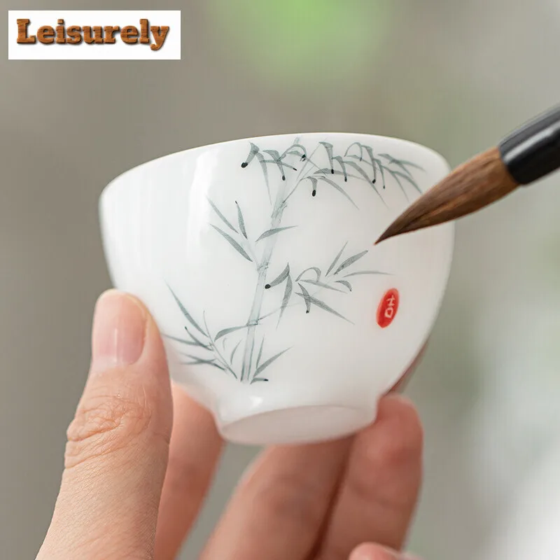 70ml Handmade Iced Jade Porcelain Teacup Hand Painted Bamboo Tea Cup Small Tasting Master Cup Tea Mug Kung Fu Teaset Drinkware