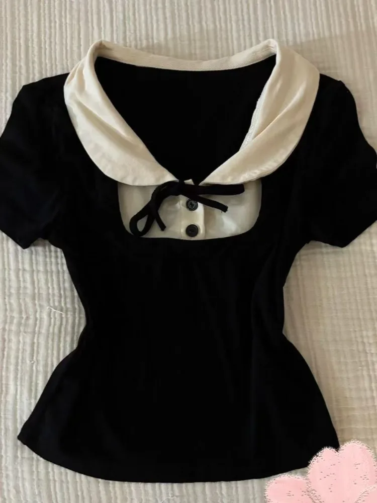 

Korean Cute Peter Pan Collar Tops Mujer 2025 Summer New Fake Two Piece Tees Y2k Slim Fit Short Sleeve T-shirt for Women