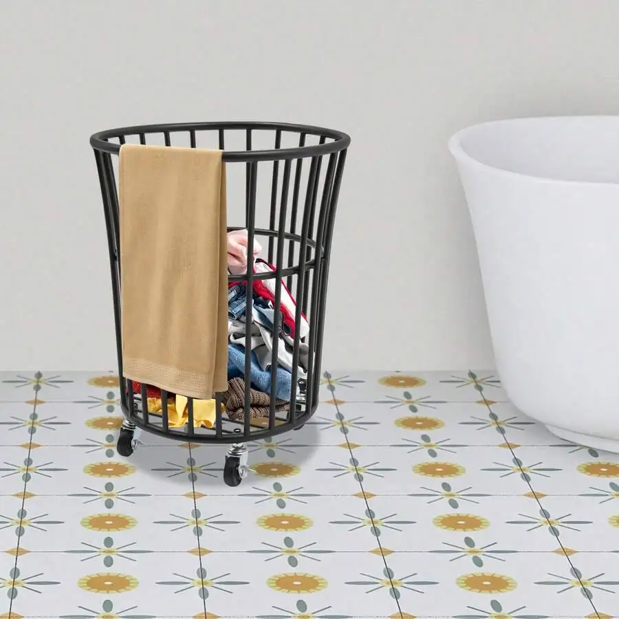 Round Metal Basket With Wheels, Rolling Basket, Laundry Hamper Clothes Storage, Heightened Fence Design Living Room Bedroom