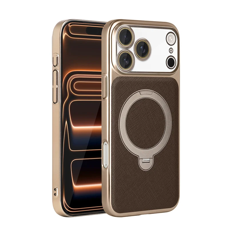 

Luxury PU Leather Rotating Metal Magnetic Holder Phone Case For iPhone 13 14 15 16 17 Pro Max For Magsafe Camera Protect Cover