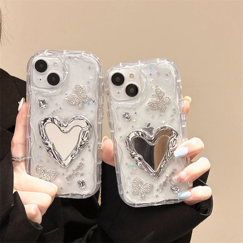 Transparent Heart Butterfly Jewelled Glitter Fall Prevention Shockproof Phone Case For iphone 11 12 13 14 15 16 Pro Max Cover