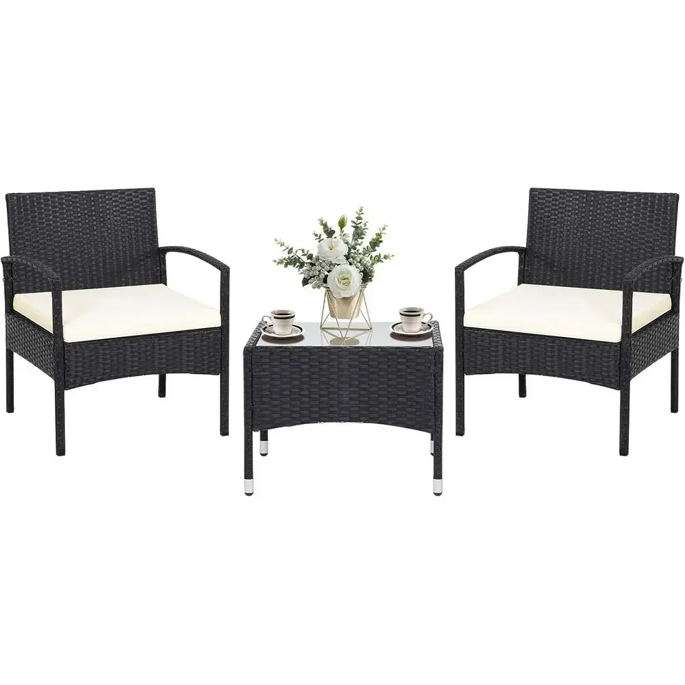 3-Piece Rattan Patio Furniture Set - Wicker Bistro with 2 Chairs, Glass Top Table, Outdoor Balcony Set (Beige)