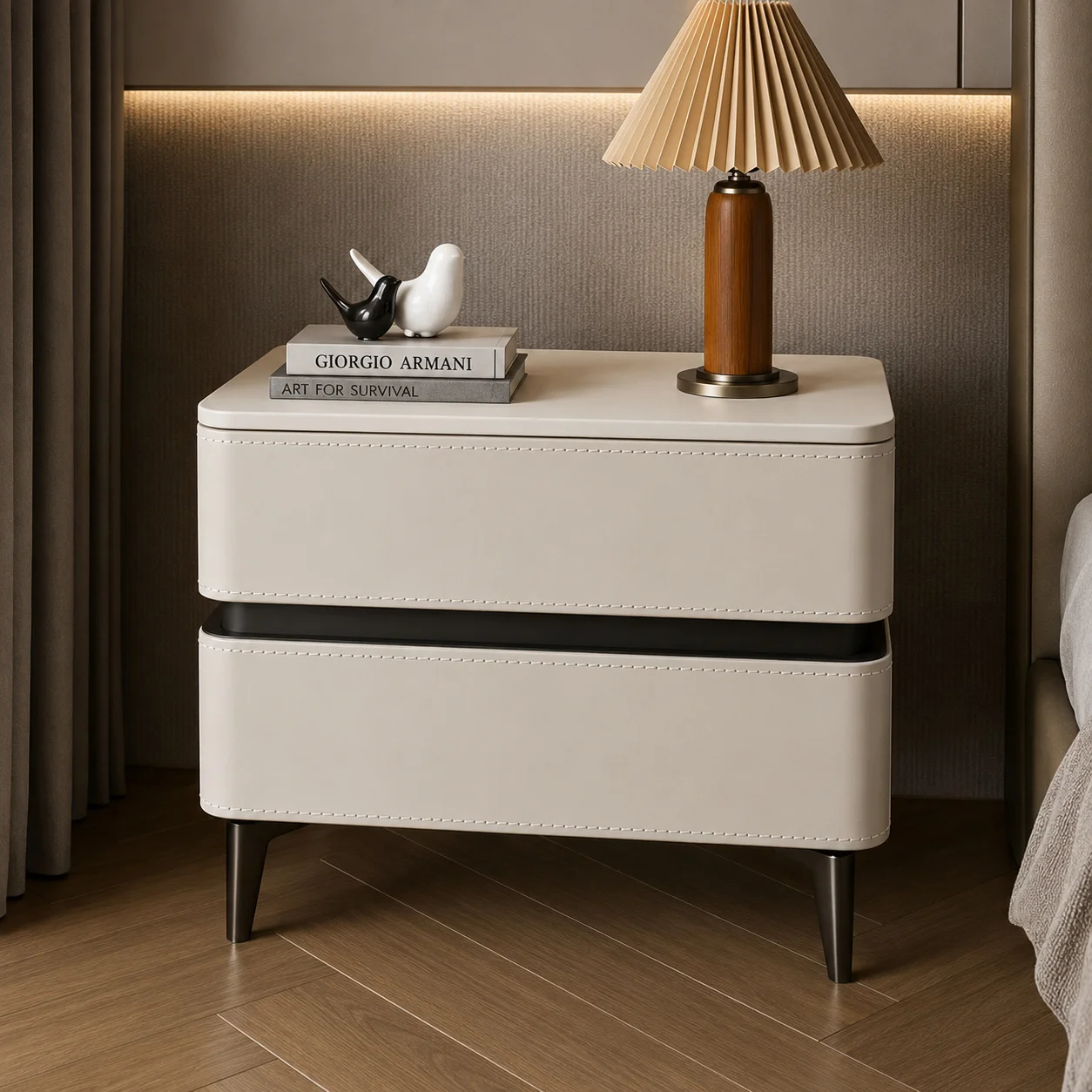 AOLIVIYA Rock Slab Nightstand Bedside Table Storage Drawer Saddle Leather Modern Luxury