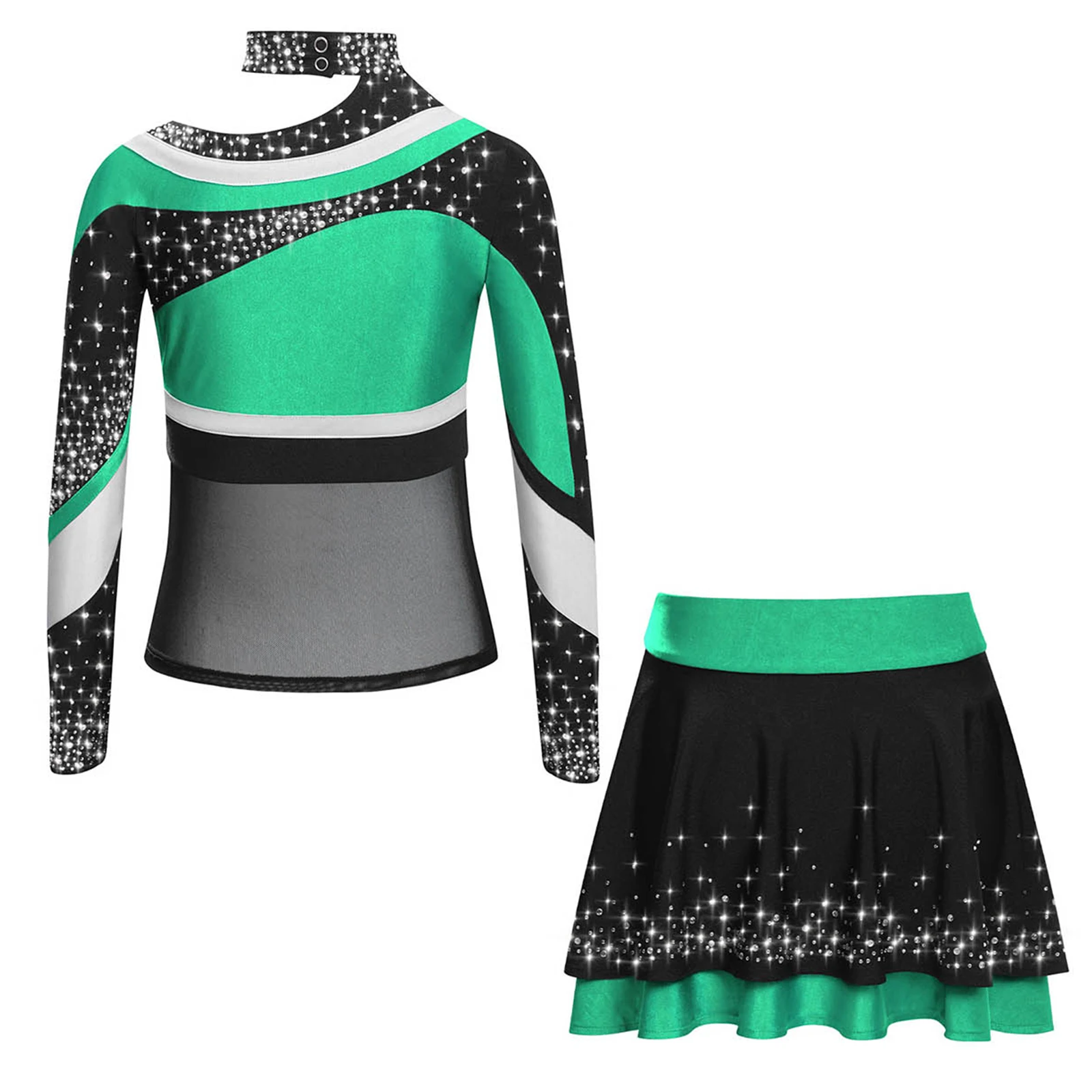 キッズガールズチアリーディング衣装高校ステージパフォーマンスコスチューム長袖レタープリントカラーブロックトップスカート付き
