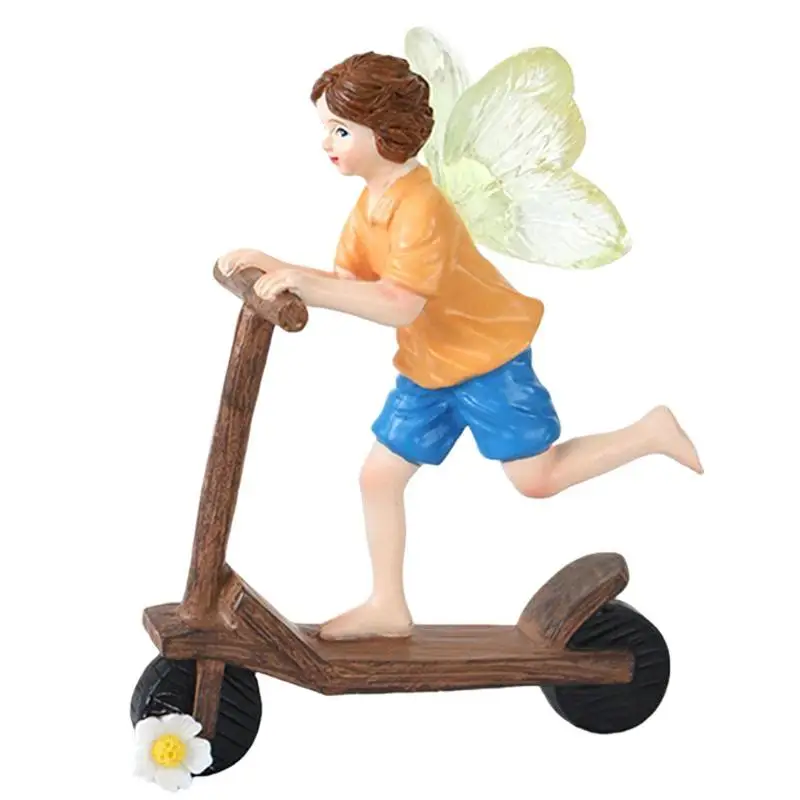 Cute Garden Scooter Flower Fairy Statue, Fun Outdoor Flower Fairy Boy Statue Decoration, Flowerpot Decoration