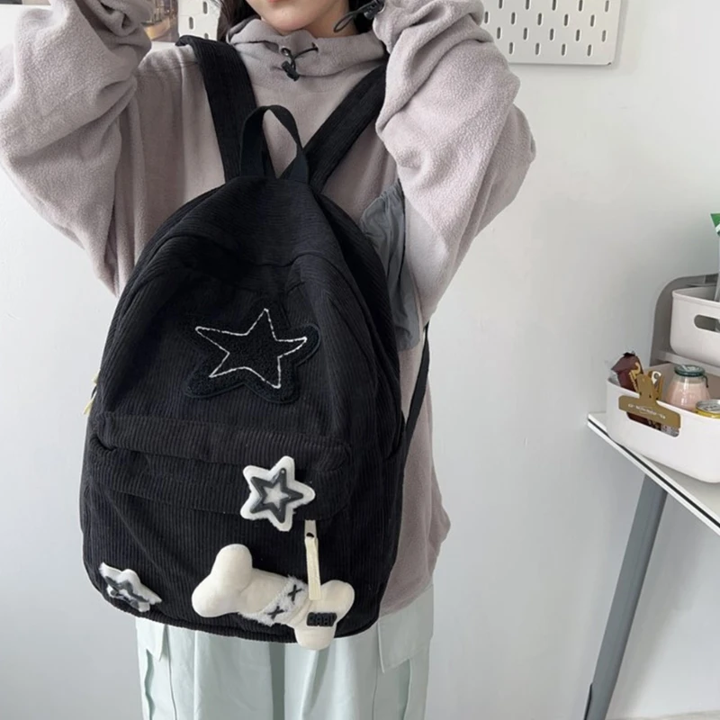 Cute Y2K Aesthetic Backpack Stars Pattern Preppy Rucksack College Student Computer Backpack Corduroy Bookbag for Girl