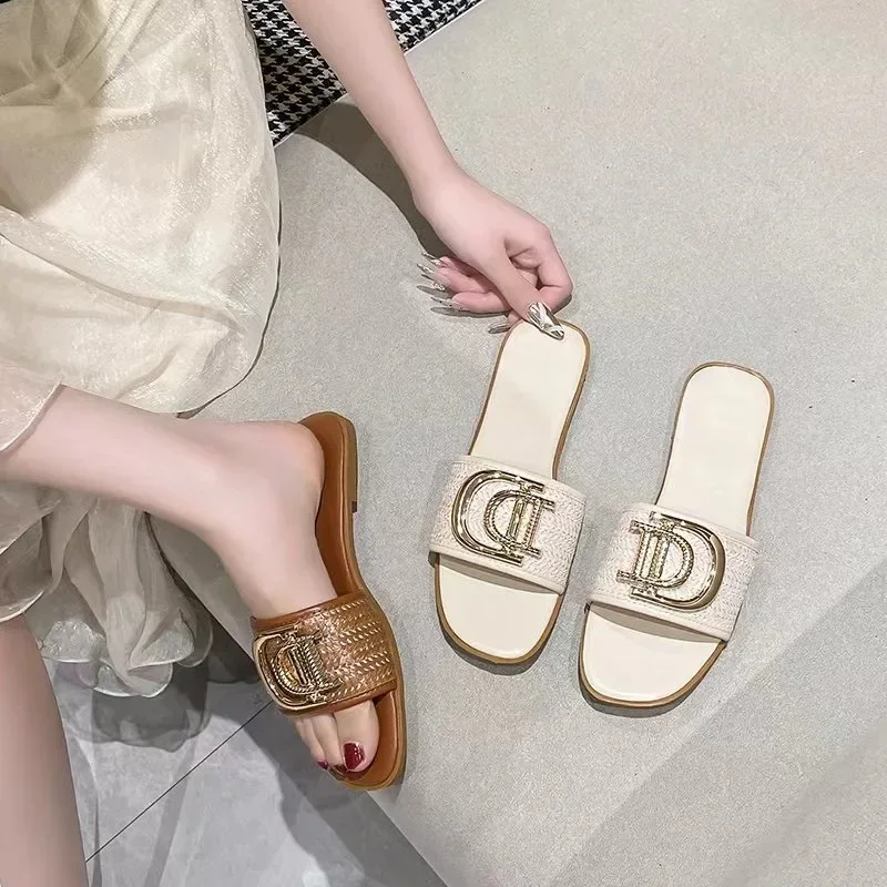 Women Luxury Decor Weave Design Flat Sandals Fashion Open-toe Vacation Casual Slides Party Sexy Elegant Office-Ladies New Shoes