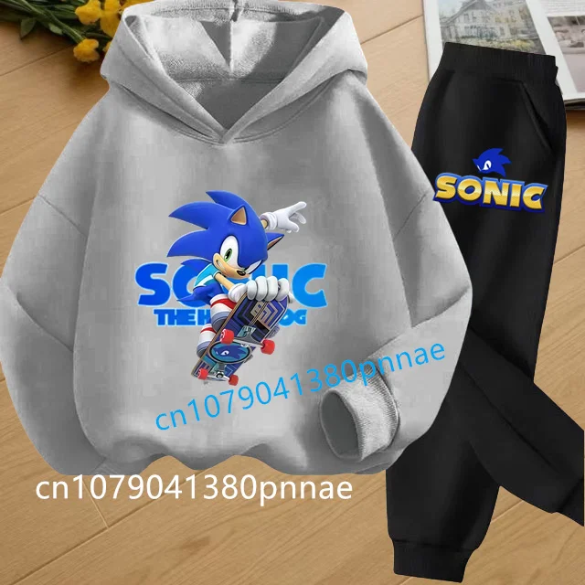 

Children's Anime Cartoon Sonic Letter Printed Autumn/Winter Warm Two Piece Hoodie+Pants Sports Set for Boys and Girls Aged 3-13