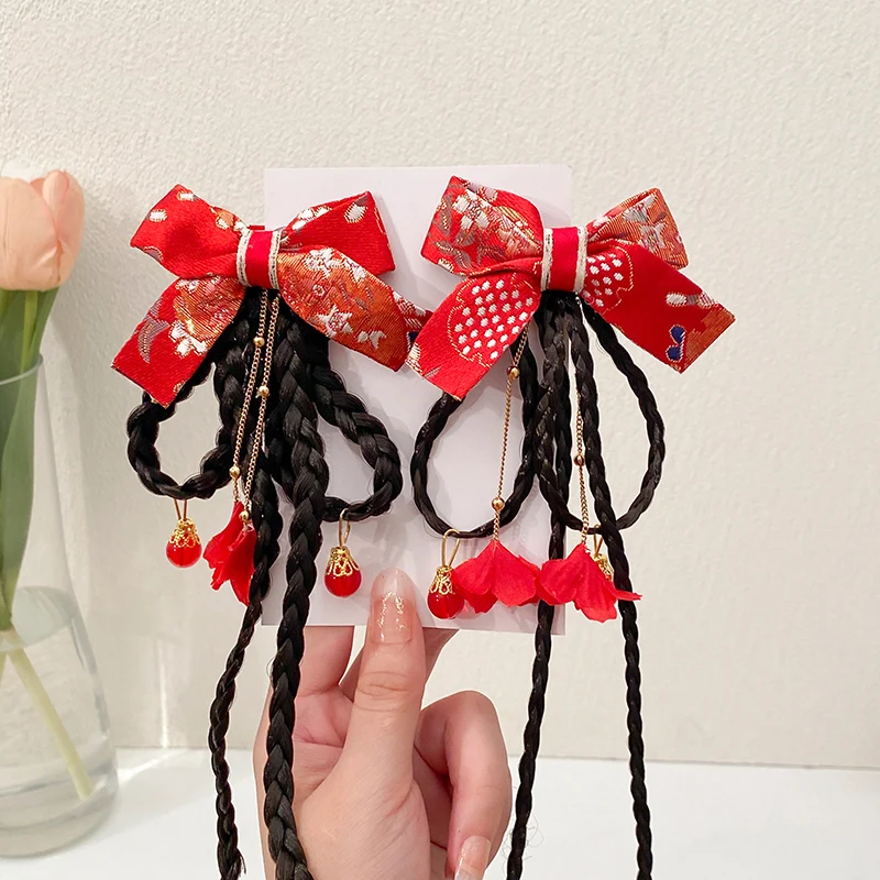 2 PCS Girls Chinese Style Hanfu Headdress Bow Hair Clip Wig Braid Hairpin Side Clip Hair Accessories For Children's Gift – Detail 3