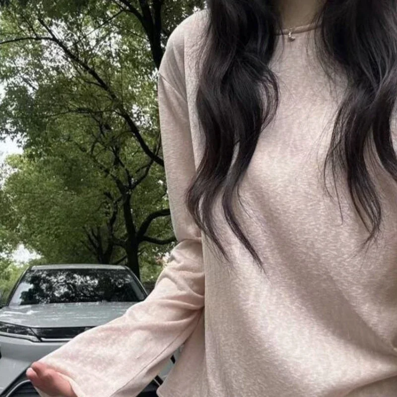 Spring Autumn 2026 Top T-shirt Thin Cool Breathable Tencel Hoodie Snowflake Texture Micro Transparent Long Sleeve