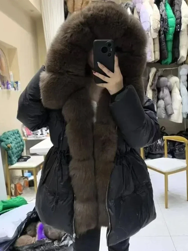 2025 nova jaqueta de inverno feminina grosso quente oversized 90% pato branco para baixo grande casaco de pele real natural pele com capuz puffer parka