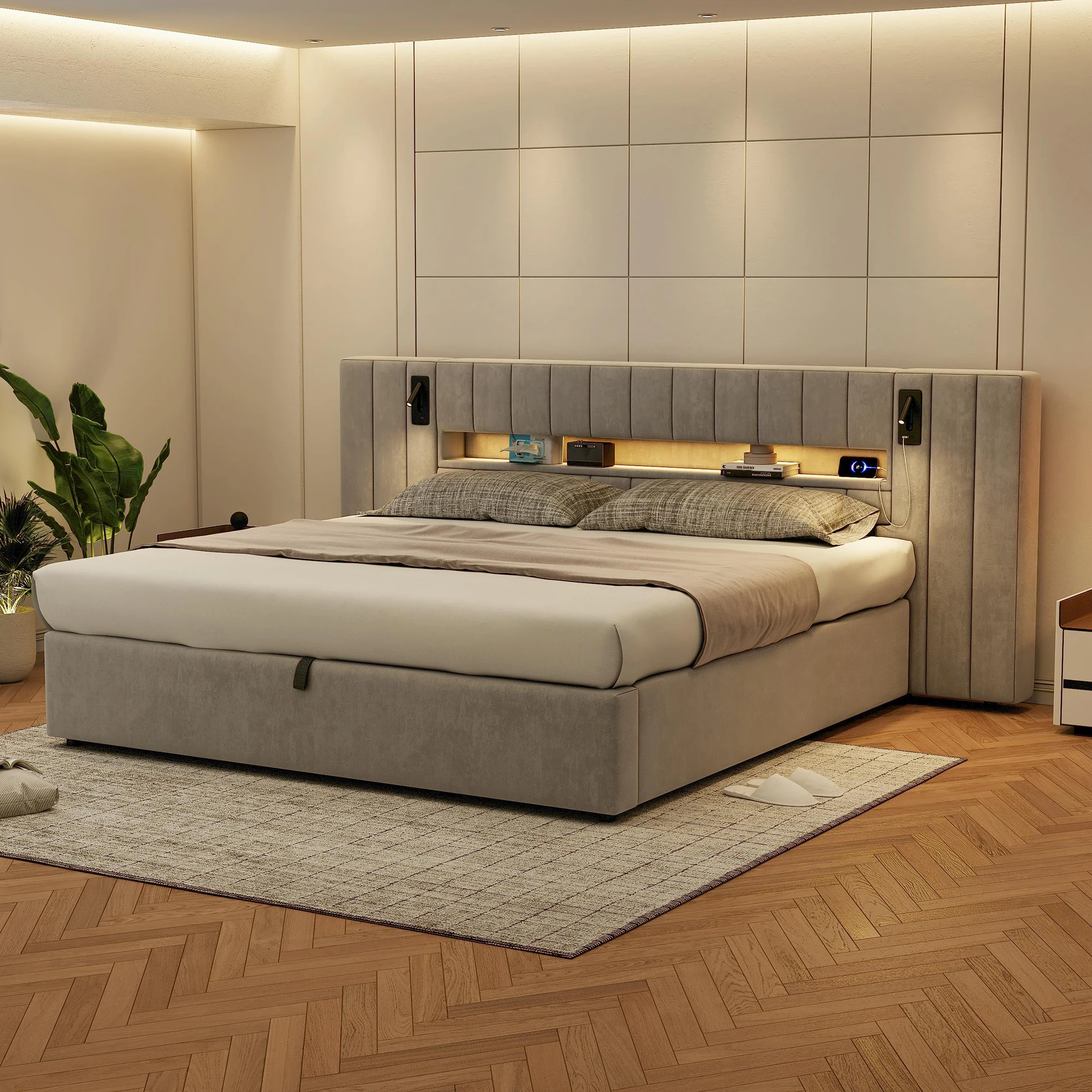 هيكل سرير 180 × 200 سم، مع واجهة USB، سرير مرتبة ناعمة، سرير مزدوج، سرير غرفة تخزين، سرير عملي، مع إضاءة LED، مصباح بجانب السرير في غرفة التخزين، بدون مرتبة، مخمل، رمادي