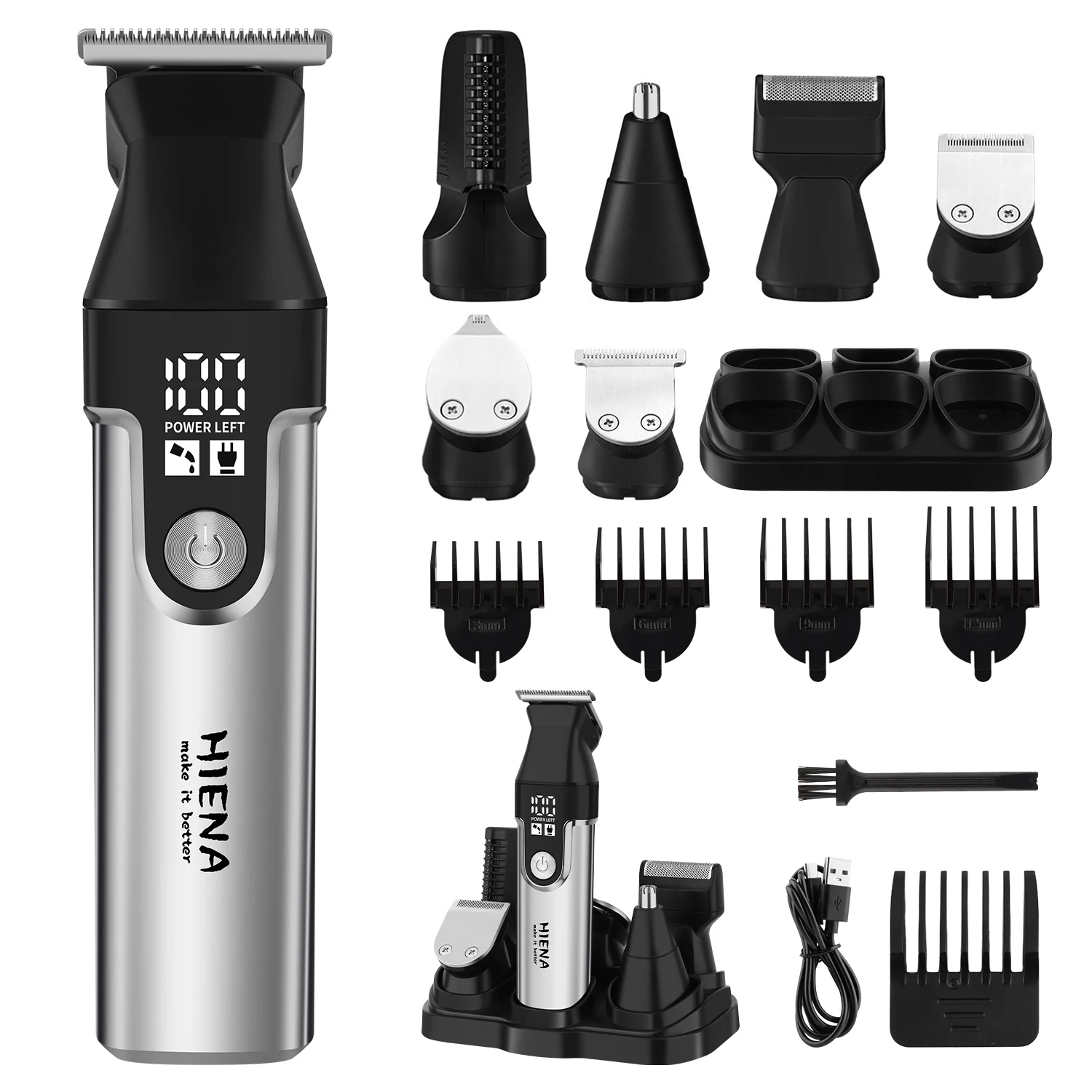 

HIENA Professional Multifunctional Hair Clipper Set, R-Type Adjustable Blade Cordless Barber Clippers with LED Display, Ear and Nose Hair Trimmer, 6 Guide Combs & Trimmer Heads Grooming Kit for Men, Rechargeable Electric, USB Charging, Cordless Haircut