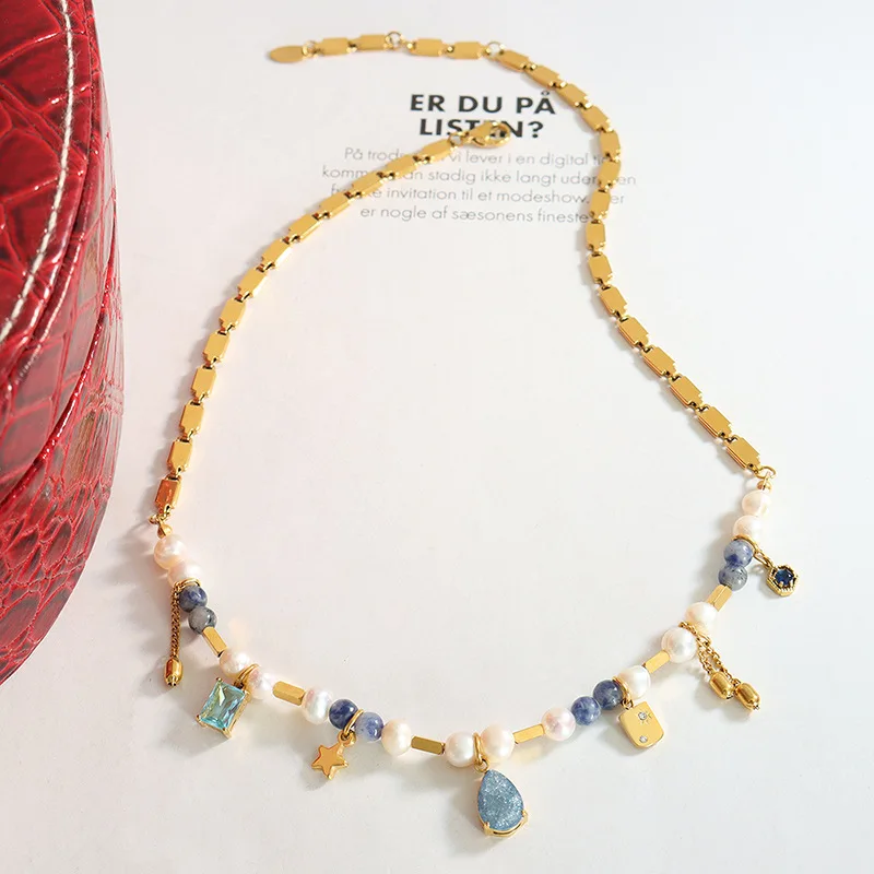 French Style Created Natural Stone Freshwater Pearl Charms Necklace for Women Geometric Chain Necklace Fashion Jewelry Gift