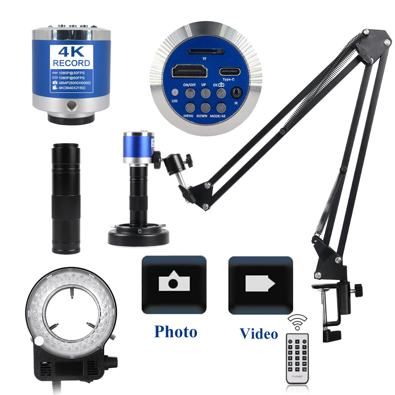 4K 1080P Industrial Digital Microscope Type-C HDMI Microscope Camera 1-150X Zooms C-Mount Digital Camera For Soldering Repairing