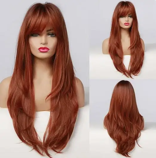 

Red Brown Long Straight Synthetic Wigs for Women Natural Wave Wigs with Bangs Heat Resistant Daily Use Cosplay Hair