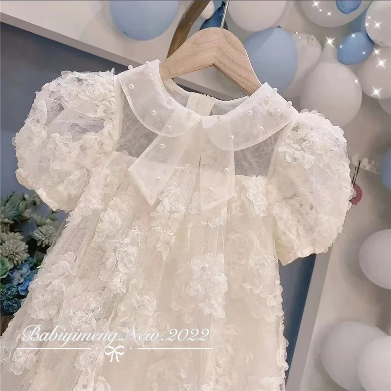 Baby Girls 3D Flowers Dress Summer Beaded Collar Princess Dress Fashion Kids Birthday Party Gown Children Clothes Vestidos 2-8 Y