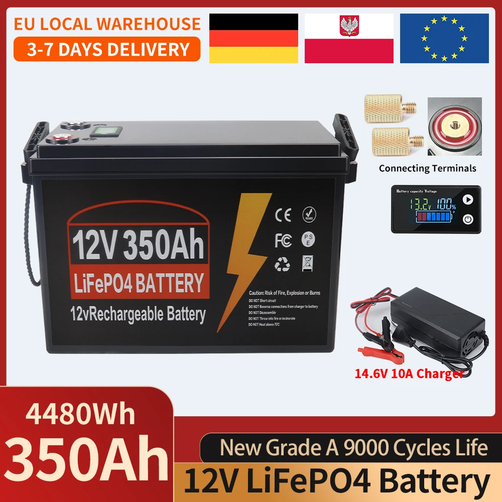 12V 24V 100Ah 150Ah 300Ah 350Ah LiFePO4 Batterij met ingebouwde BMS Lithium IJzer Fosfaat Cel Graad A 9000 cycli levensduur voor camper, zonne-energie, trollingmotor EU voorraad
