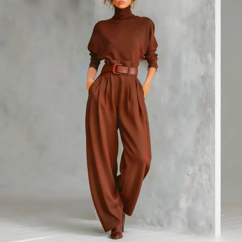 

Осенне-зимняя минималистичная водолазка, нижняя рубашка, широкие брюки, модный и комплект из двух предметов для отдыха в европейском и американском стиле