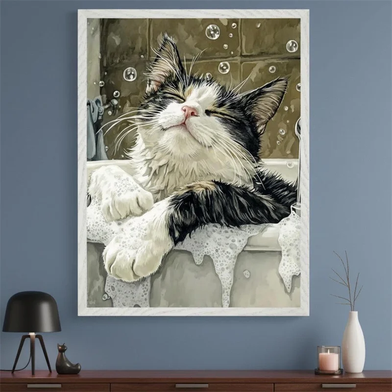 Cat Blissful Bubble Bath Wall Art Poster Funny Bathroom Kitten Illustration Canvas Painting Animal Print Picture Home Decor