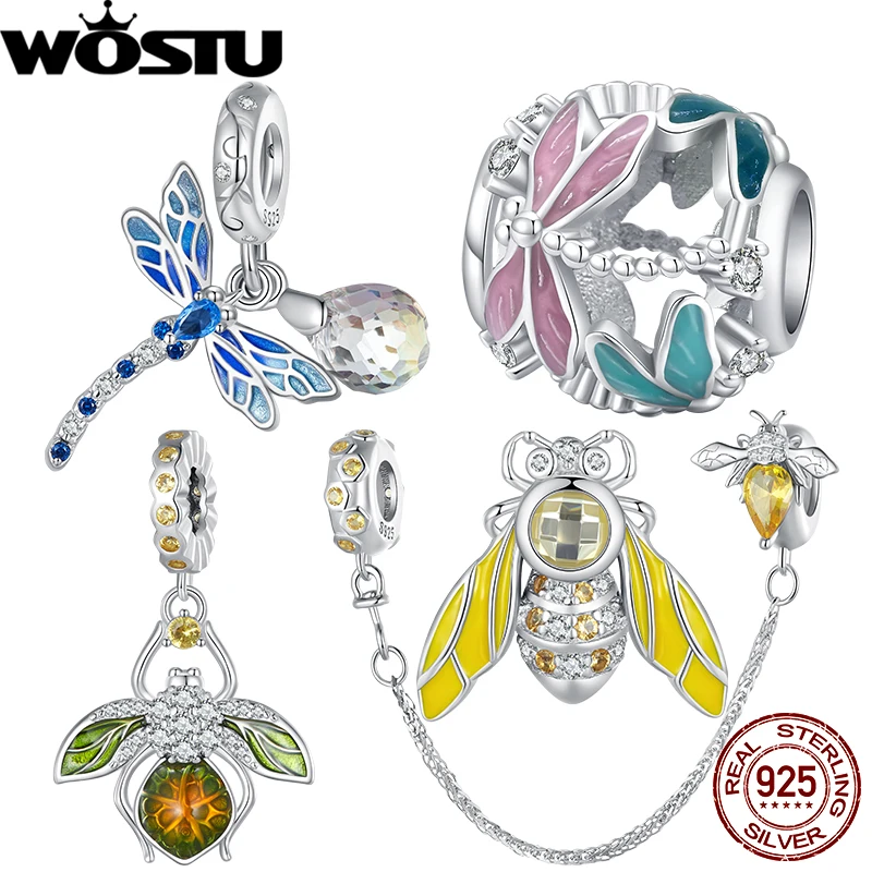 

WOSTU 925 Sterling Silver Insect Charm Blue Dragonfly Crytal Glass Pendant Bee Beads Fit Original Bracelet DIY Jewelry Accessory