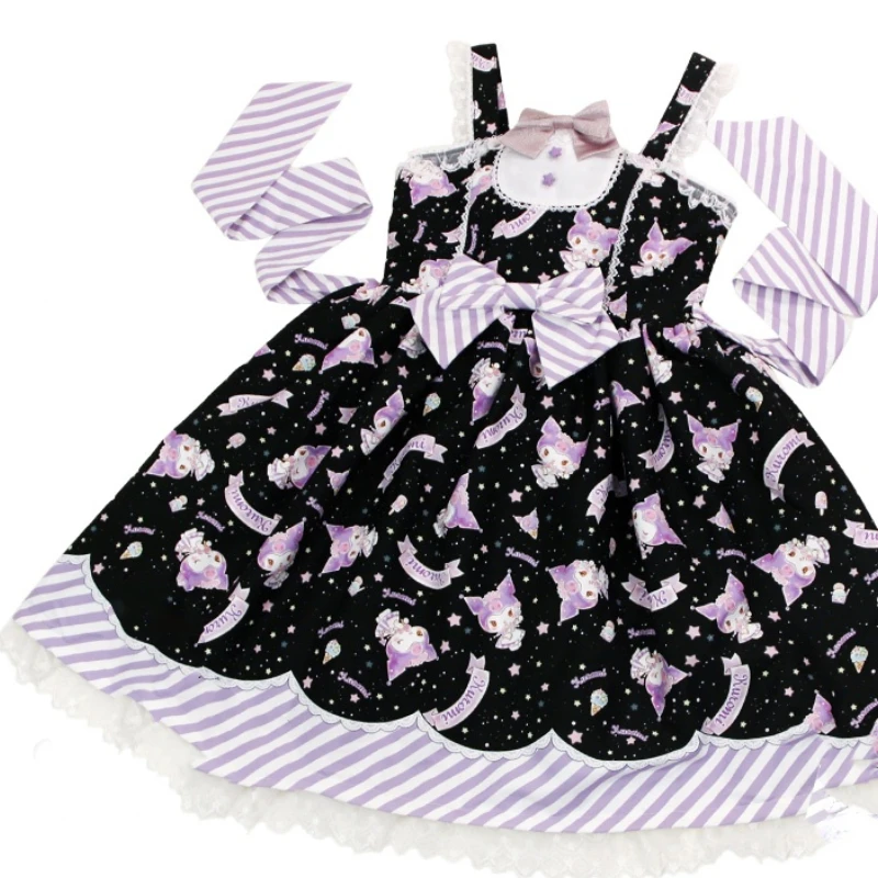 Doce estilo Lolita desenho animado vestido de princesa estampado para mulheres, bonito arco laço partido cinta vestidos, feminino Harajuku Kawaii Y2k mini vestido