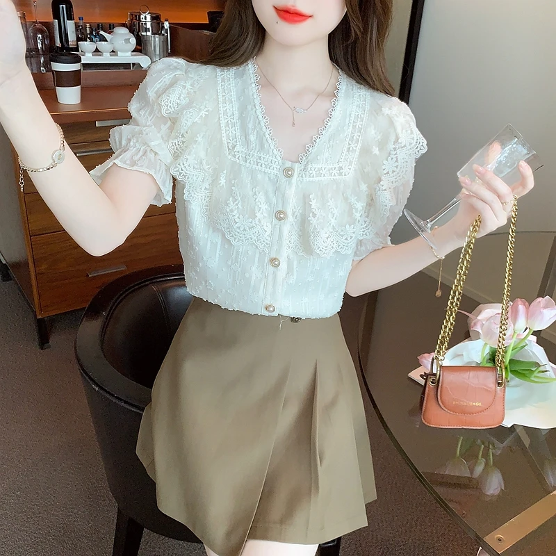 Summer New Short Sleeve Lace V-Neck Blouse Women Blusas Mujer De Moda 2024 Verano Blouse Shirt Women Tops Blouses Shirts G458