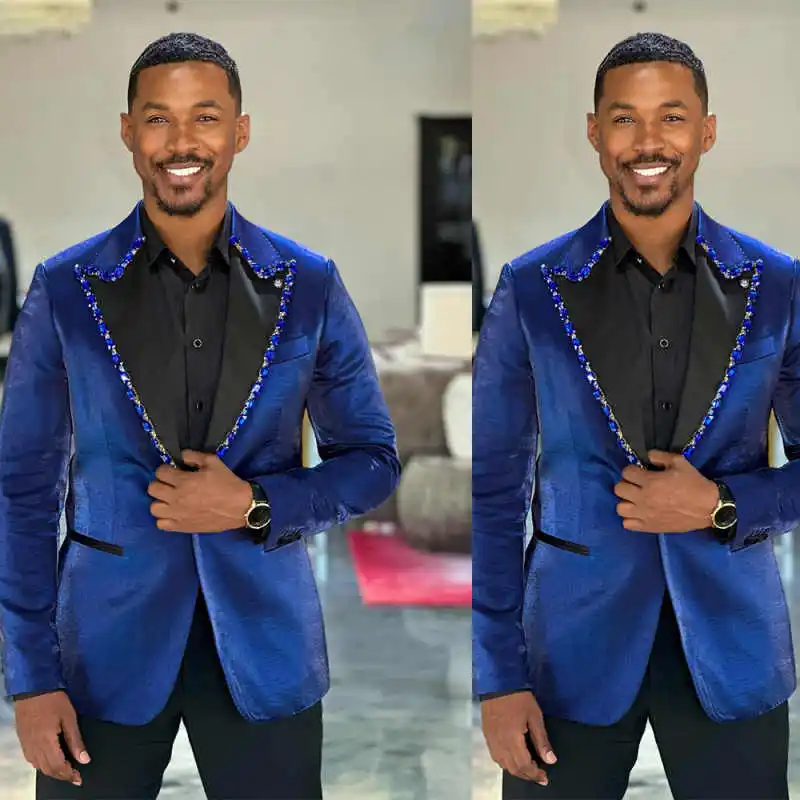 

Luxury Rhinestone Men Suits Set Handsome Peaked Lapel One Button Tuxedos Groomsmen Jacket Pants 2 Pieces Customized Formal Dress