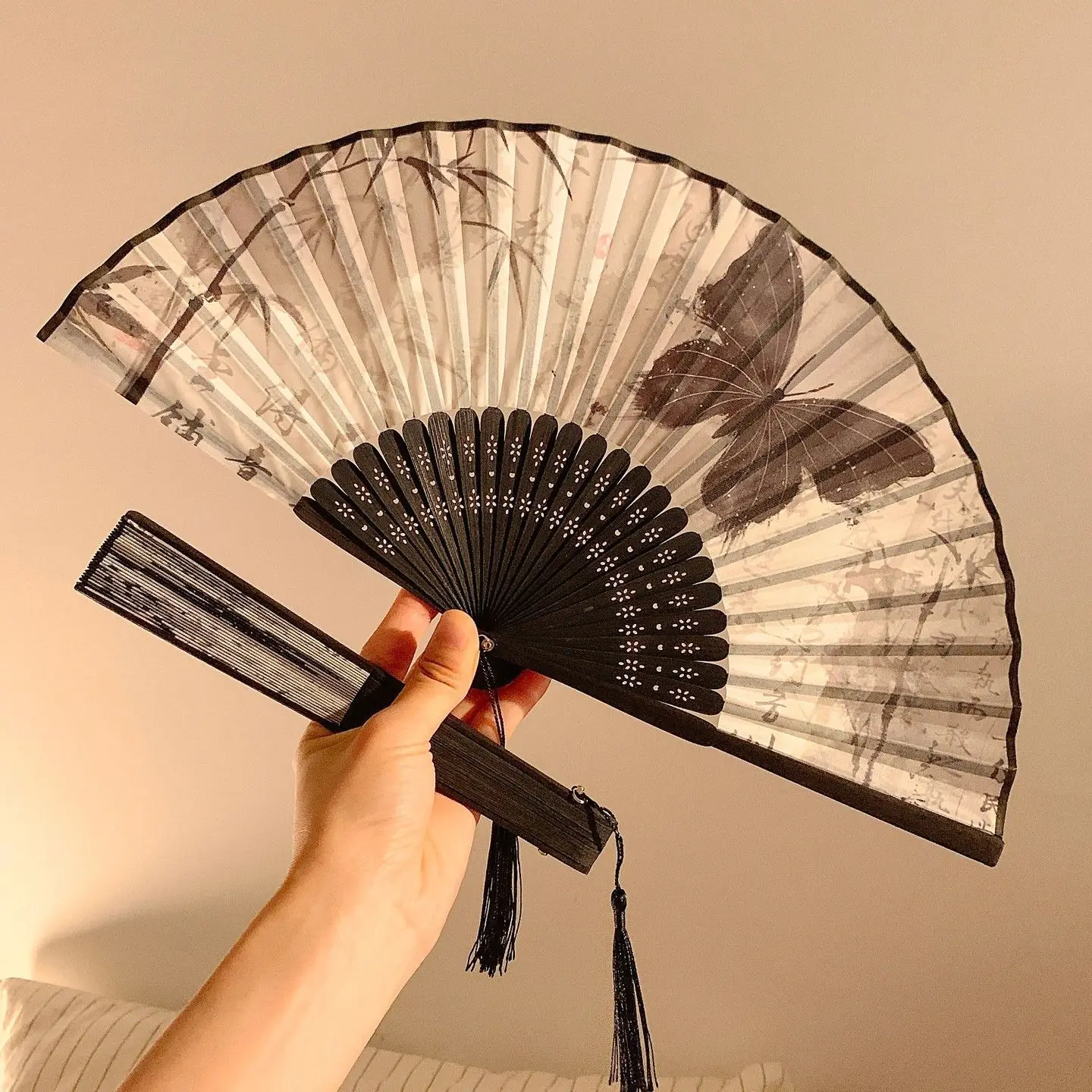 Personalized Custom Logo Text, Laser-Engraved Names and Dates, Chinese Ancient Style Ink Painting Folding Fan, Exquisite New Chinese Style for Summer, Hanfu, Cheongsam, Dance, Ancient Style Photography, Portable Handheld Bamboo Fan view 4
