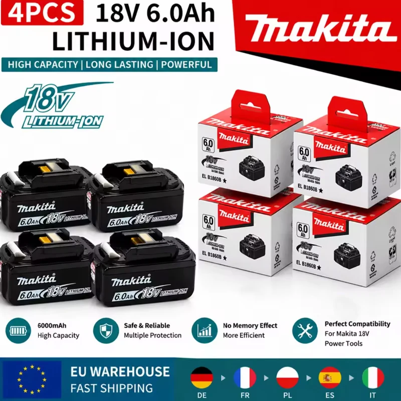 Batterie au lithium de remplacement 100 % authentique pour Makita 18V, 6,0 Ah, modèles BL1860B, BL1840, BL1830B, BL1850B, BL1850, BL1860, BL1815