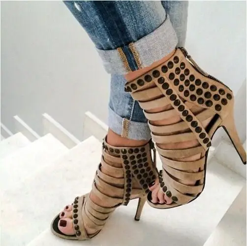 

Hot Women Khaki Suede Black Rivets Gladiator Cuts Out Hollow Zipper Back Stiletto Heel Sandals Ankle Boots Party Shoes Size 43