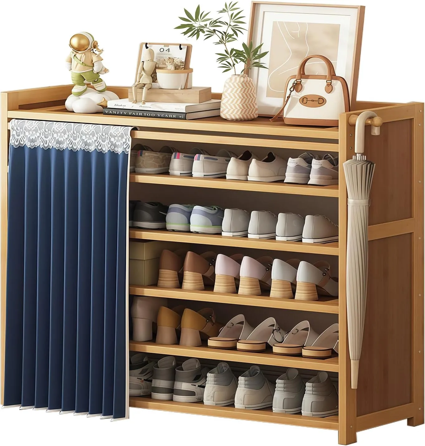 

Stylish 6-Tier Bamboo Shoe Rack with Cover - Holds 24 Pairs for Entryway & Close