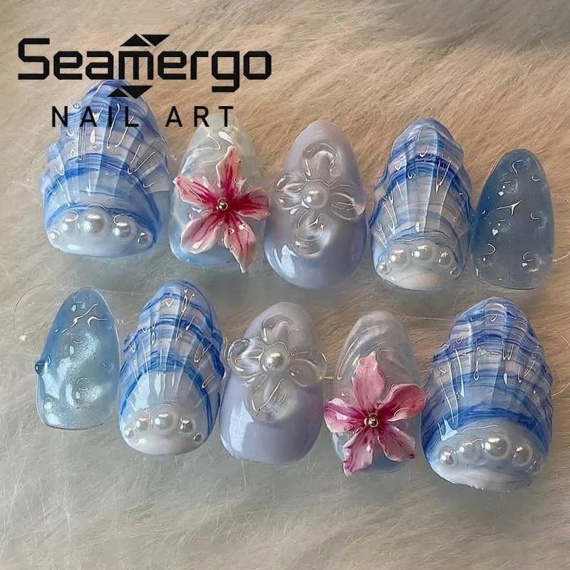 

24PCS Ocean Blue Gradient French Press on Nails 3D Flowers Shell Summer Almond Fake Nails with Pearl Sweet False Nails Wearable