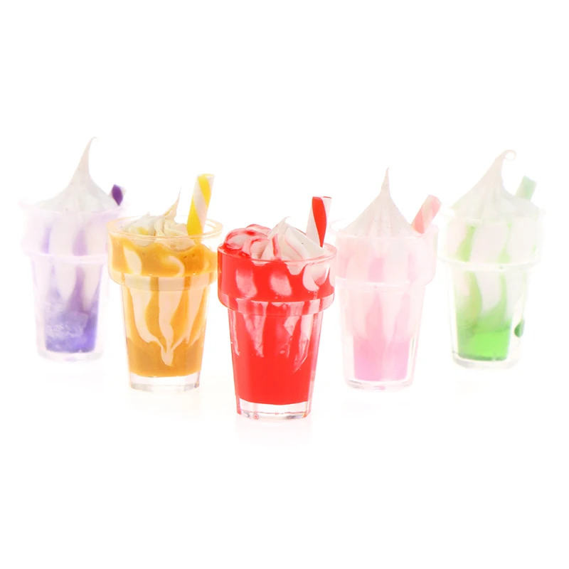 5pcs 1:6 / 1/12 Dollhouse Miniature Strawberry Sundae Ice Cream Pretend Food Candy Color Ice Cream Cup Drink Milk Tea DIY Toys