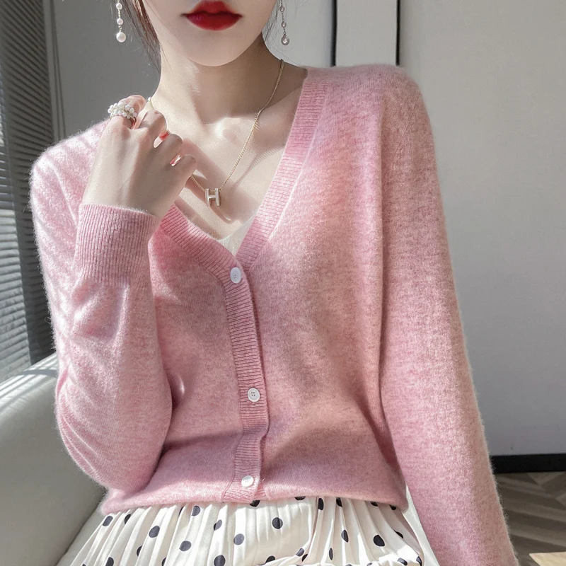 2023 Spring Autumn New Women 100% Cashmere Cardigans Basic Sweater Female Solid Color Soft Knitted Jacket V-Neck Shirt Top