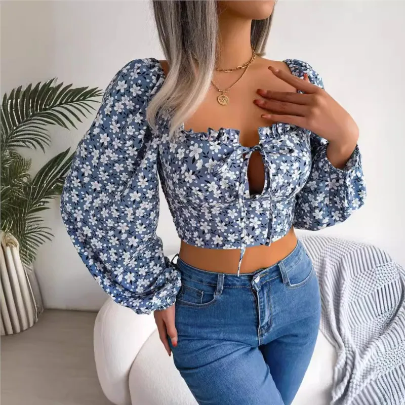 

Autumn Sexy Fungus Edge Tied Floral Chiffon Shirt With Exposed Navel Women's U-shaped Collar Lantern Long Sleeved Top Blouse2024